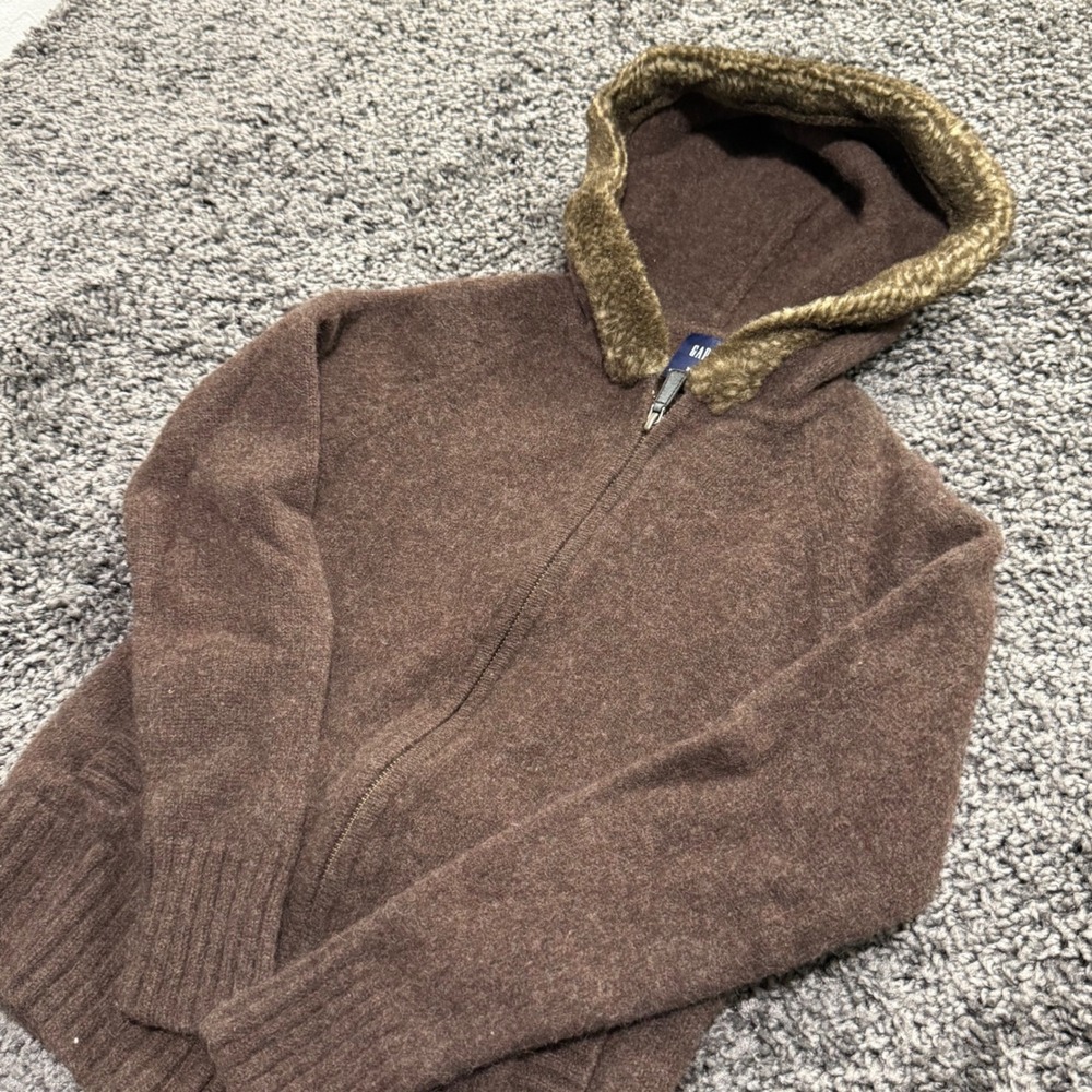 Vintage Gap Hoodie Women Brown Excellent Faux Fur Trim Wool Blend Zip Up XS